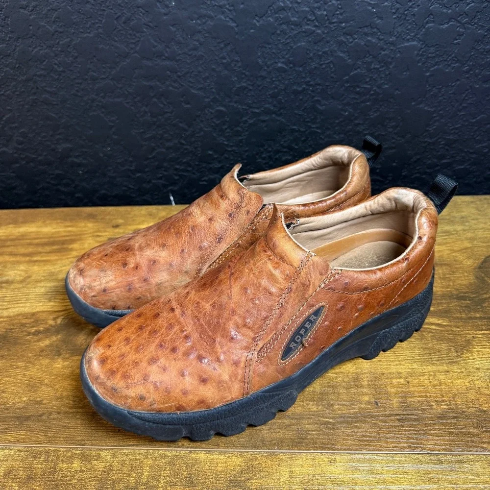 Roper Performance 09-020-0601-0371‎ Brown Ostrich Print Leather Shoes Mens 8.5